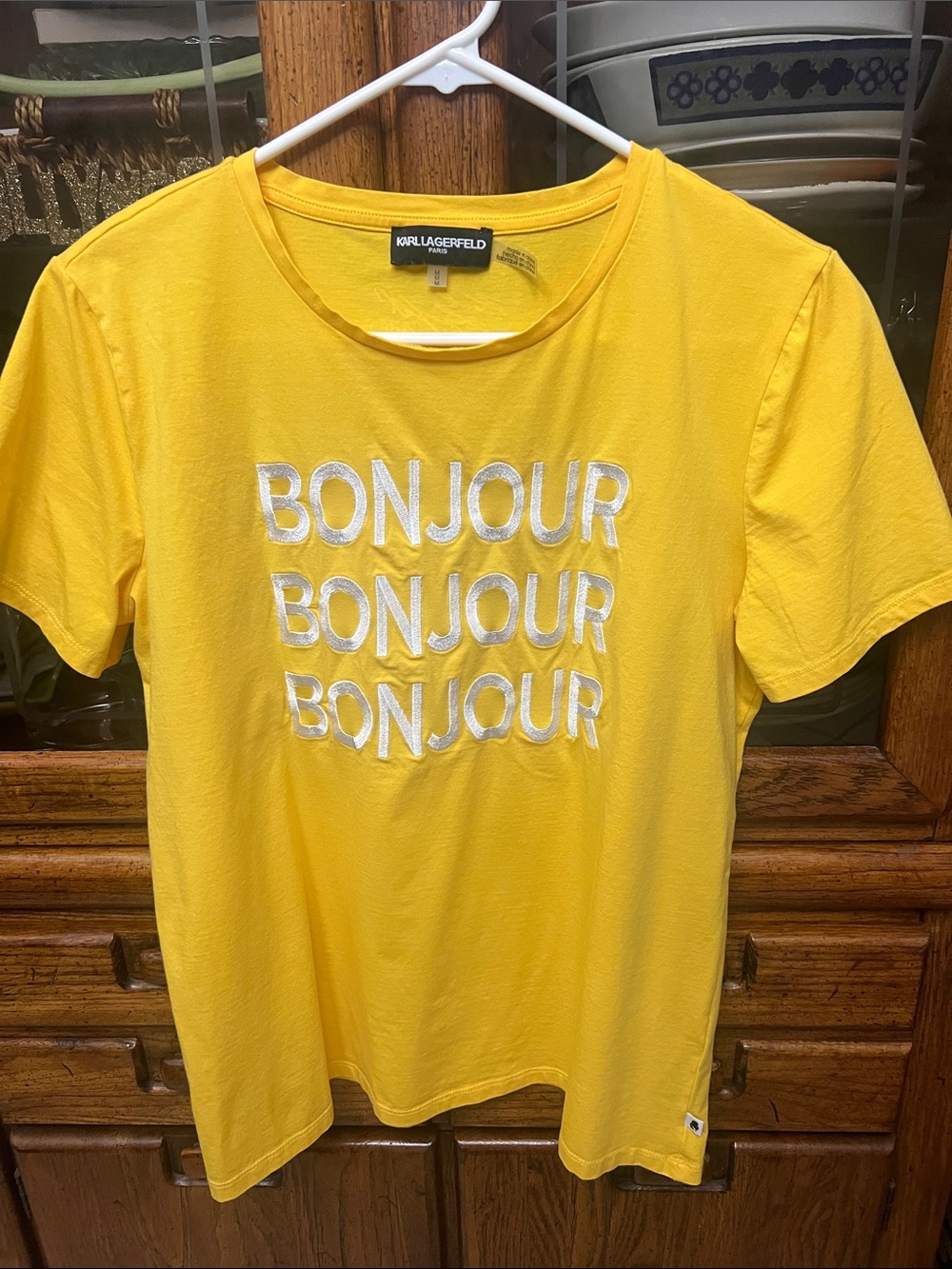 Karl Lagerfeld women’s Yellow Tee with Silver 'BONJOUR' Text
